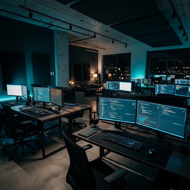 Modern dark agency studio workspace